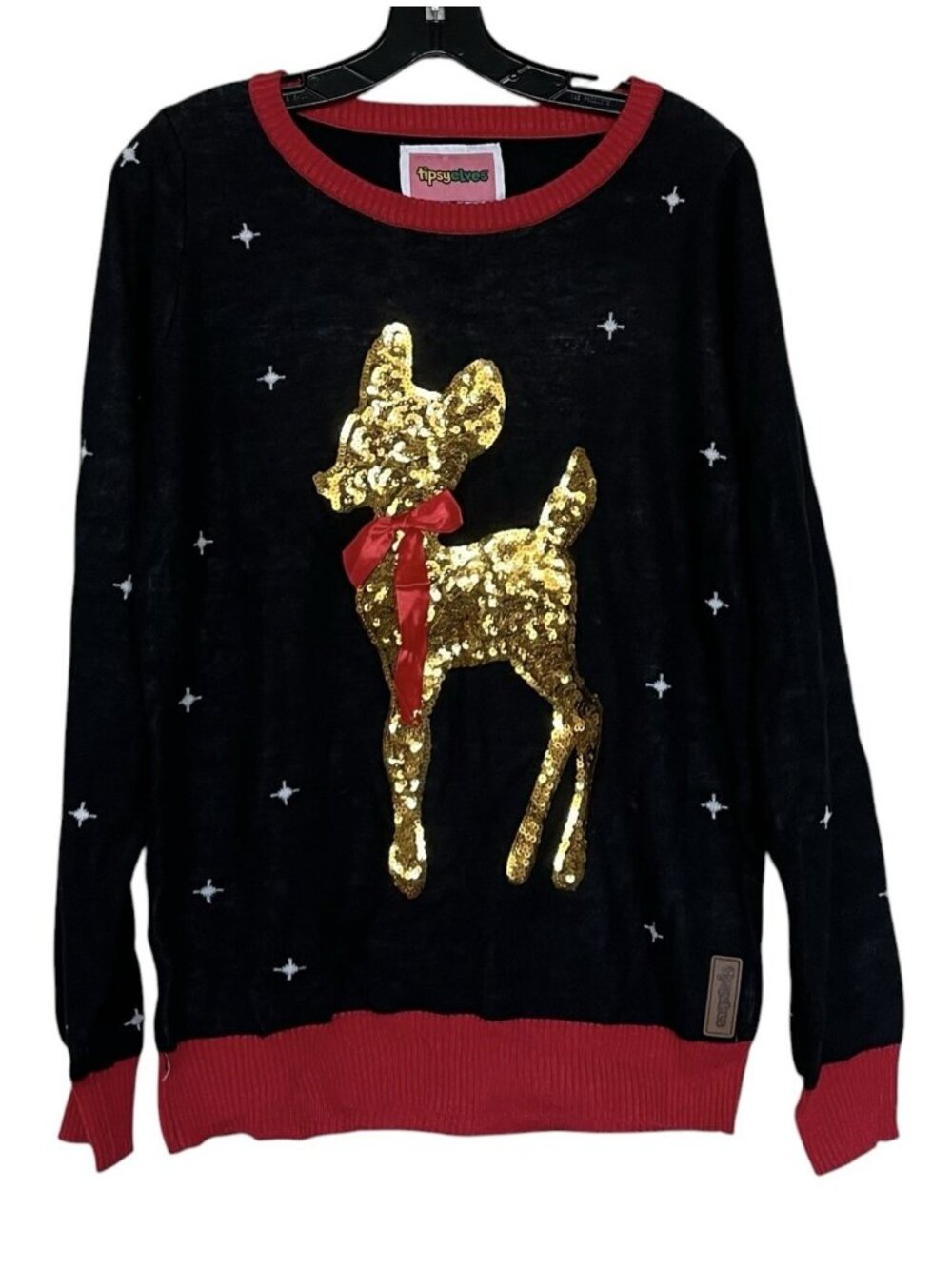Tipsy Elves Sweater Women’s Size Small Baby Deer Doe Sequin Bow Christmas Party
